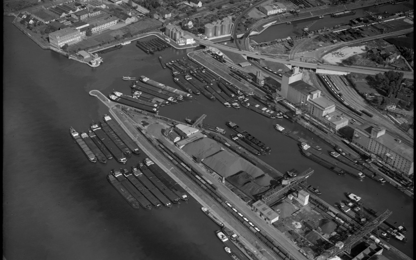 Aerial view of the Rhine port in Basel, 1950