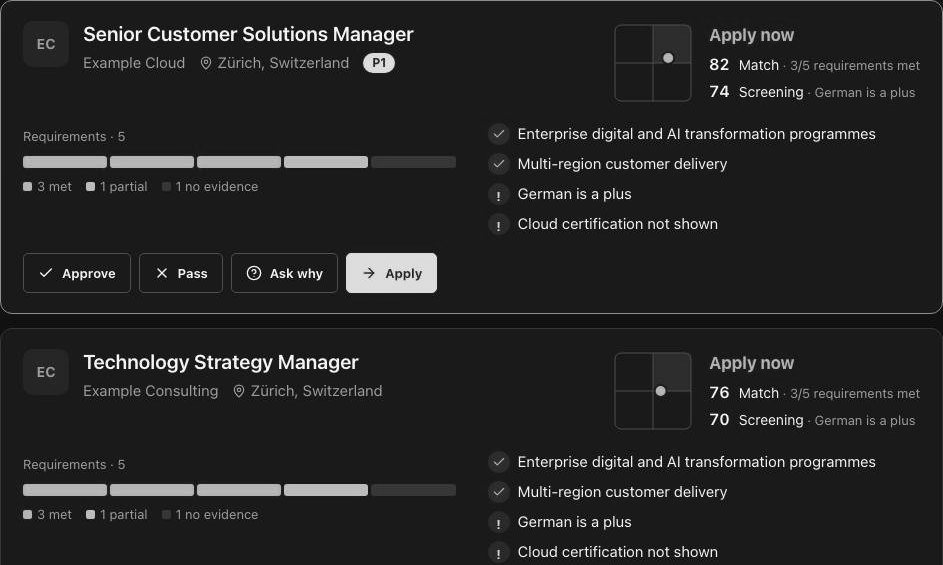 A Career Vero recommendation with Approve, Pass, Ask why and Apply buttons, shown with sample data